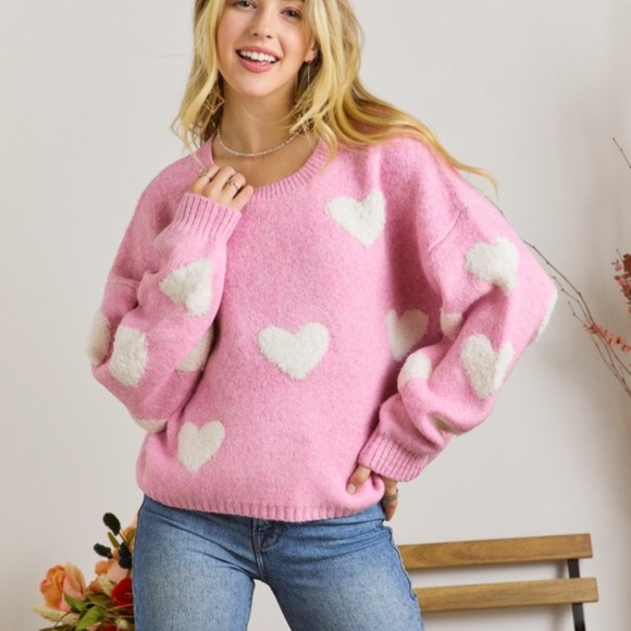 Sweaters - SOLD OUT Candy Pink Heart Valentines Day Crew Neck Pullover Relaxed Fit Knit